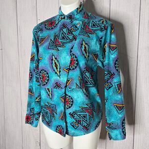 VTG 80s Wrangler Teal/Multicolor Aztec Western Button Up, size Medium